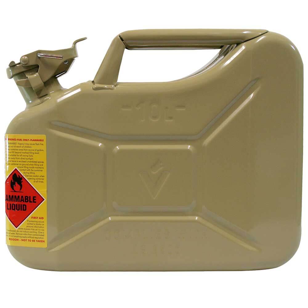 Un Approved 10L Olive Green Metal Fuel Jerry Can Vertical Gas